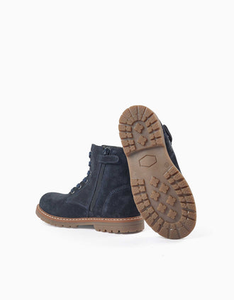 Suede lace-up boots with non-slip sole for girls, navy blue