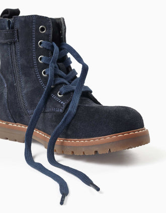 Suede lace-up boots with non-slip sole for girls, navy blue