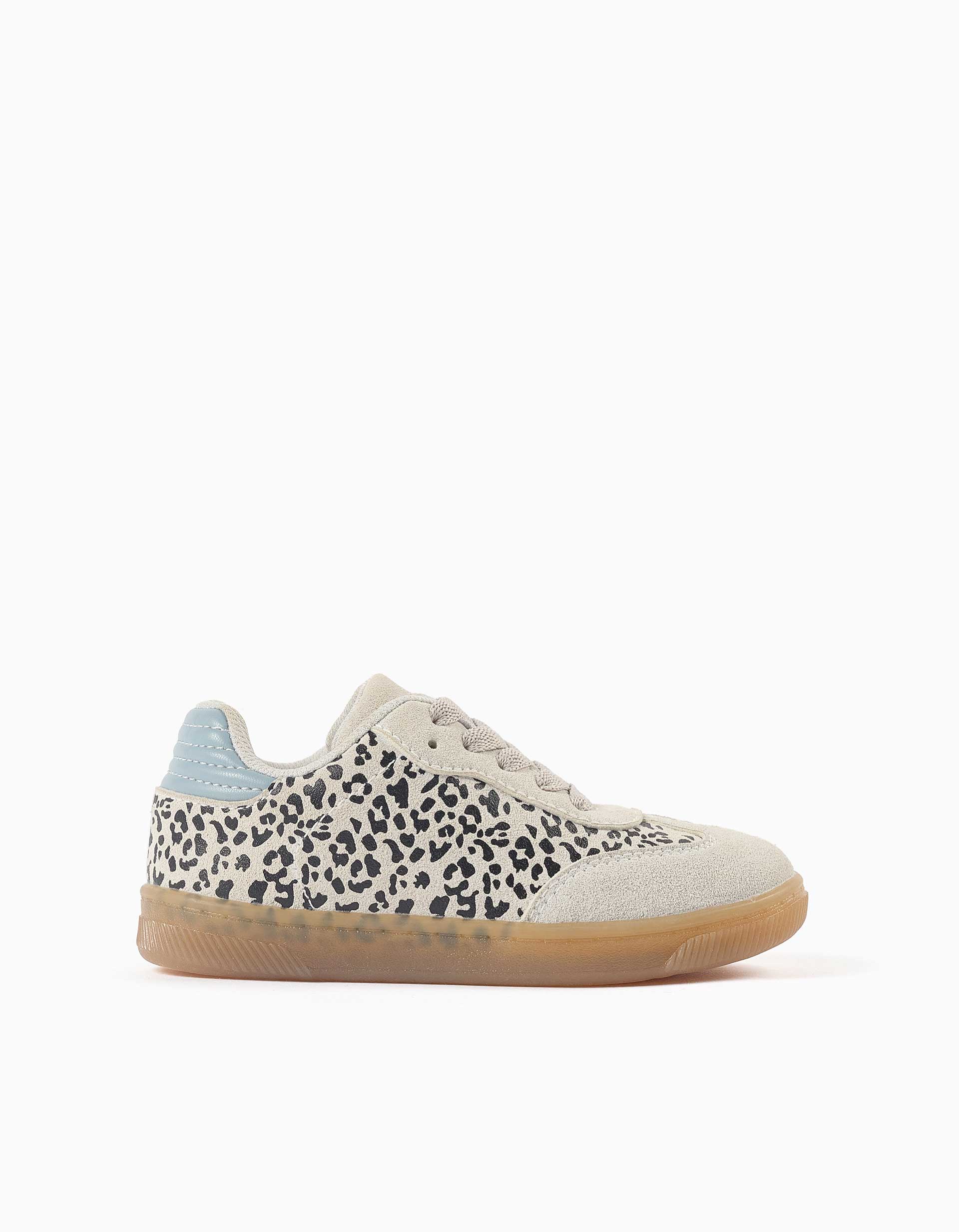 Suede trainers with animal print for girls, light grey/blue