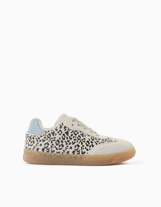 Suede trainers with animal print for girls, light grey/blue