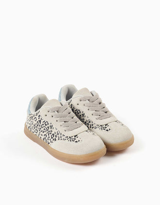 Suede trainers with animal print for girls, light grey/blue