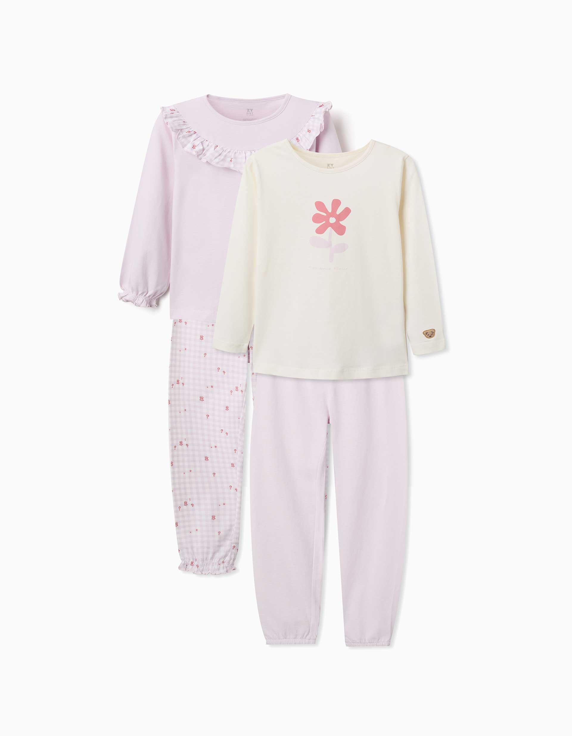 Pack of 2 long cotton pyjamas with floral prints for girls, lilac/white