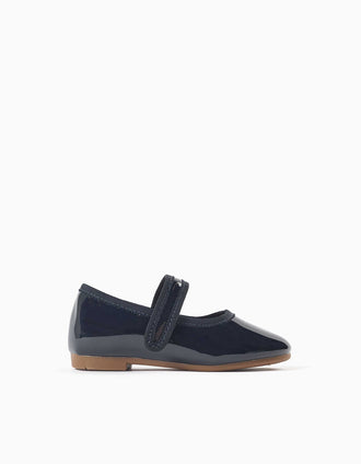 Patent Mary Jane shoes with touch-fastener for baby girls, navy blue