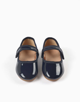 Patent Mary Jane shoes with touch-fastener for baby girls, navy blue