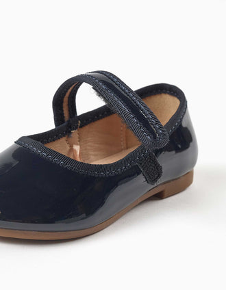 Patent Mary Jane shoes with touch-fastener for baby girls, navy blue