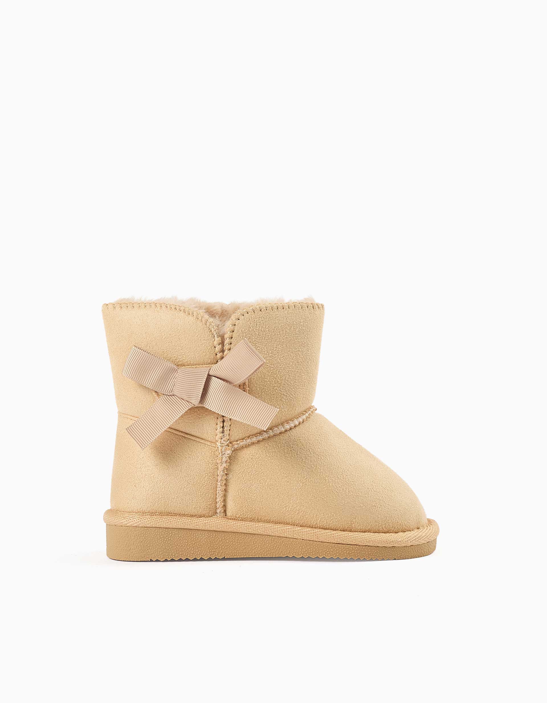 Ankle boots with plush lining and bow for baby girls, light beige