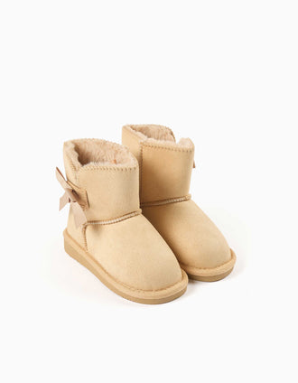 Ankle boots with plush lining and bow for baby girls, light beige