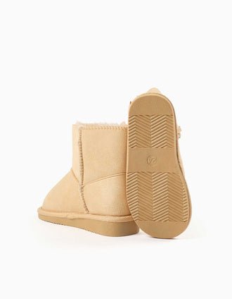 Ankle boots with plush lining and bow for baby girls, light beige