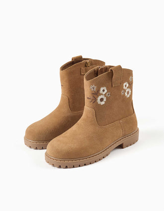 Suede ankle boots with embroidered flowers for girls, camel