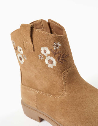 Suede ankle boots with embroidered flowers for girls, camel