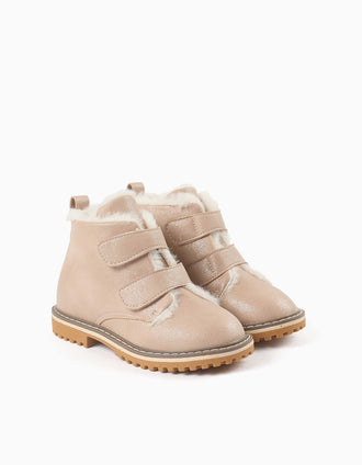Botins com acabamento brilhante e pelo para menina, rosa-claro