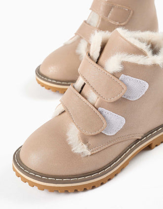 Botins com acabamento brilhante e pelo para menina, rosa-claro