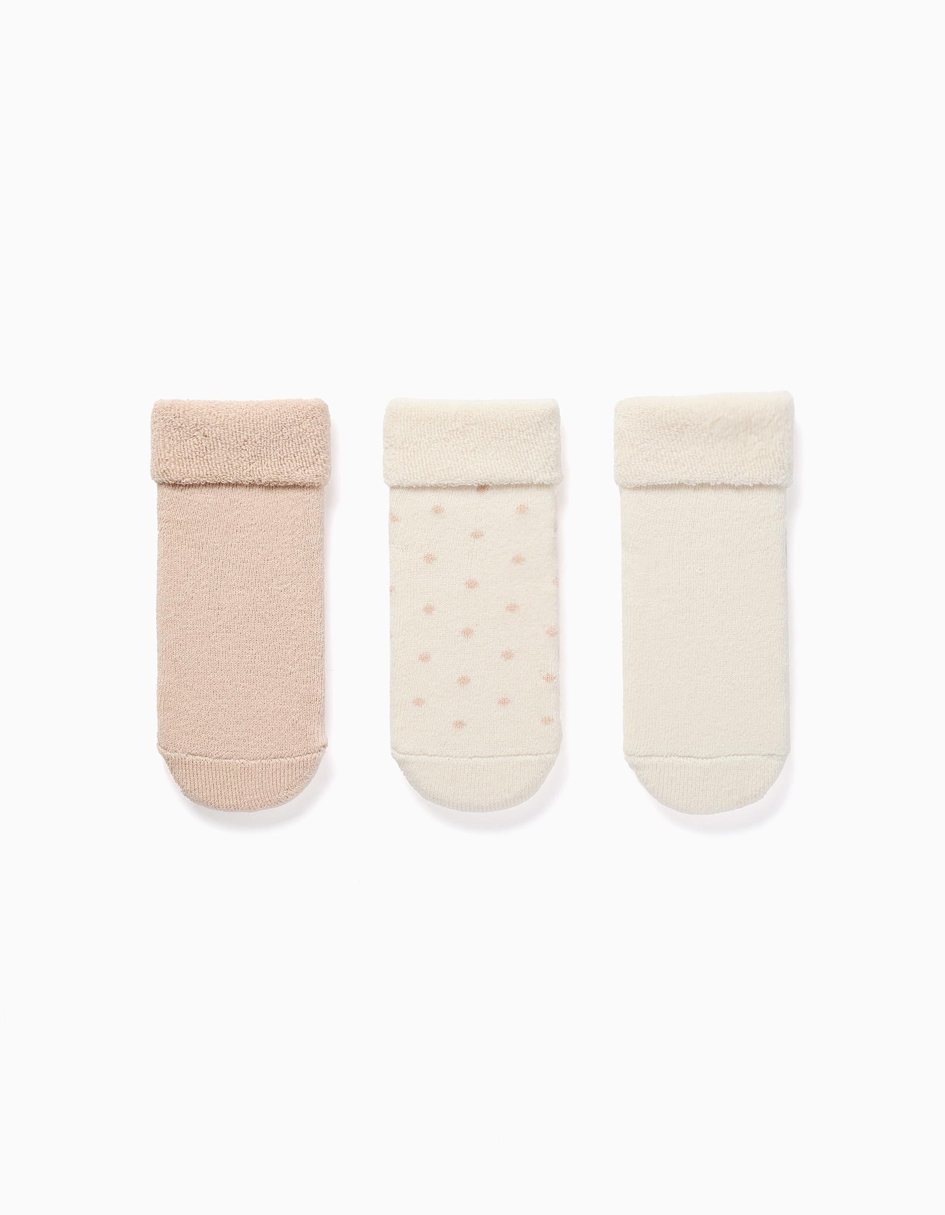3 chaussettes en éponge unies/imprimées pour nouveau-nés, blanc/beige