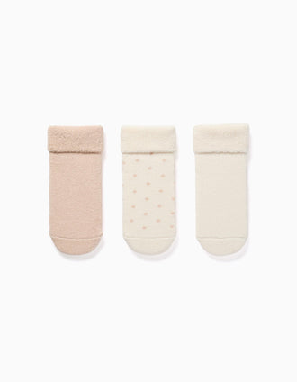 3 chaussettes en éponge unies/imprimées pour nouveau-nés, blanc/beige