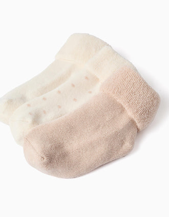3 chaussettes en éponge unies/imprimées pour nouveau-nés, blanc/beige
