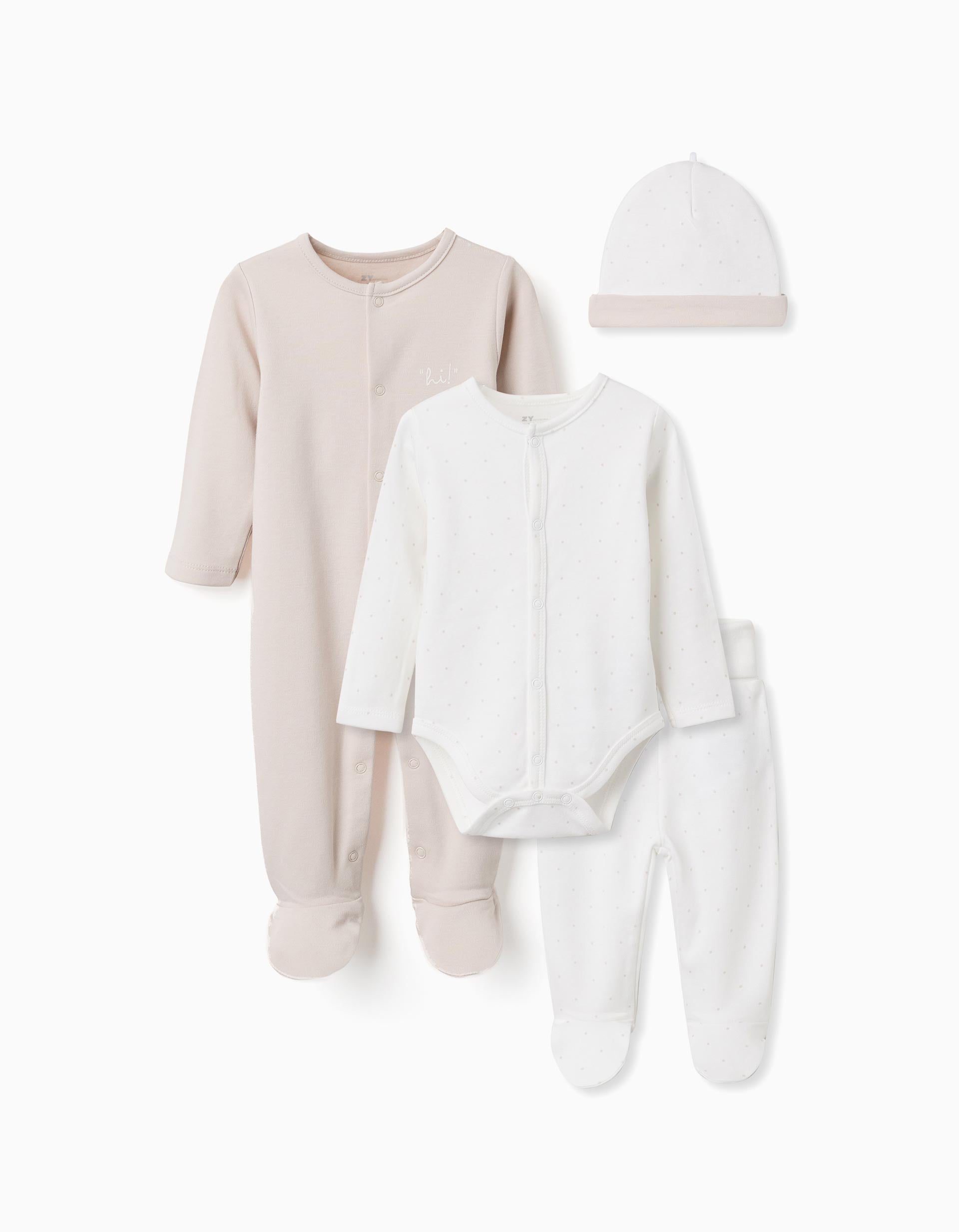 Conjunto de 4 piezas de algodón para recién nacidos, blanco/beige