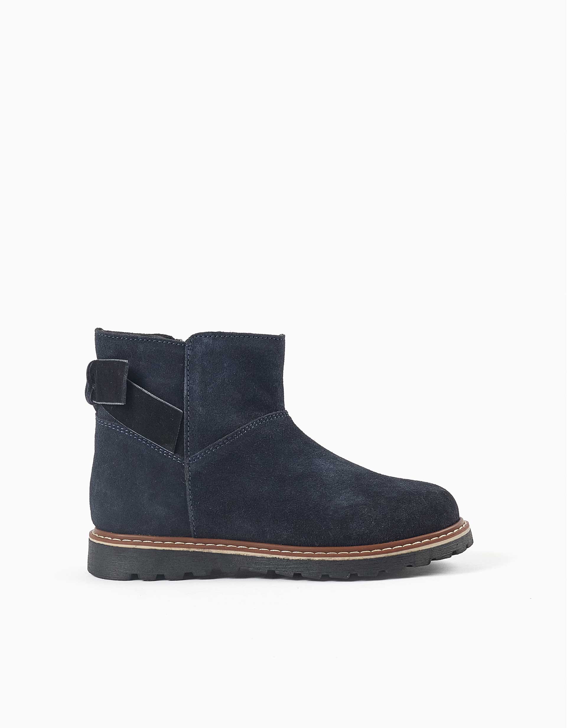 Botins de camurça com laço de veludo para menina, azul-marinho