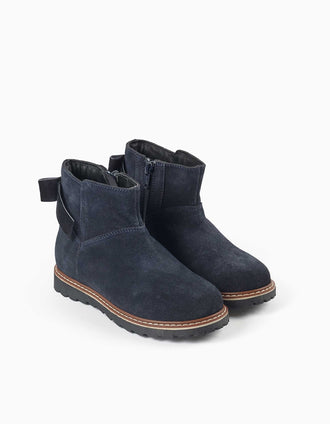 Botins de camurça com laço de veludo para menina, azul-marinho