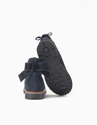 Botins de camurça com laço de veludo para menina, azul-marinho