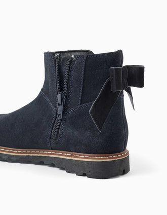 Botins de camurça com laço de veludo para menina, azul-marinho