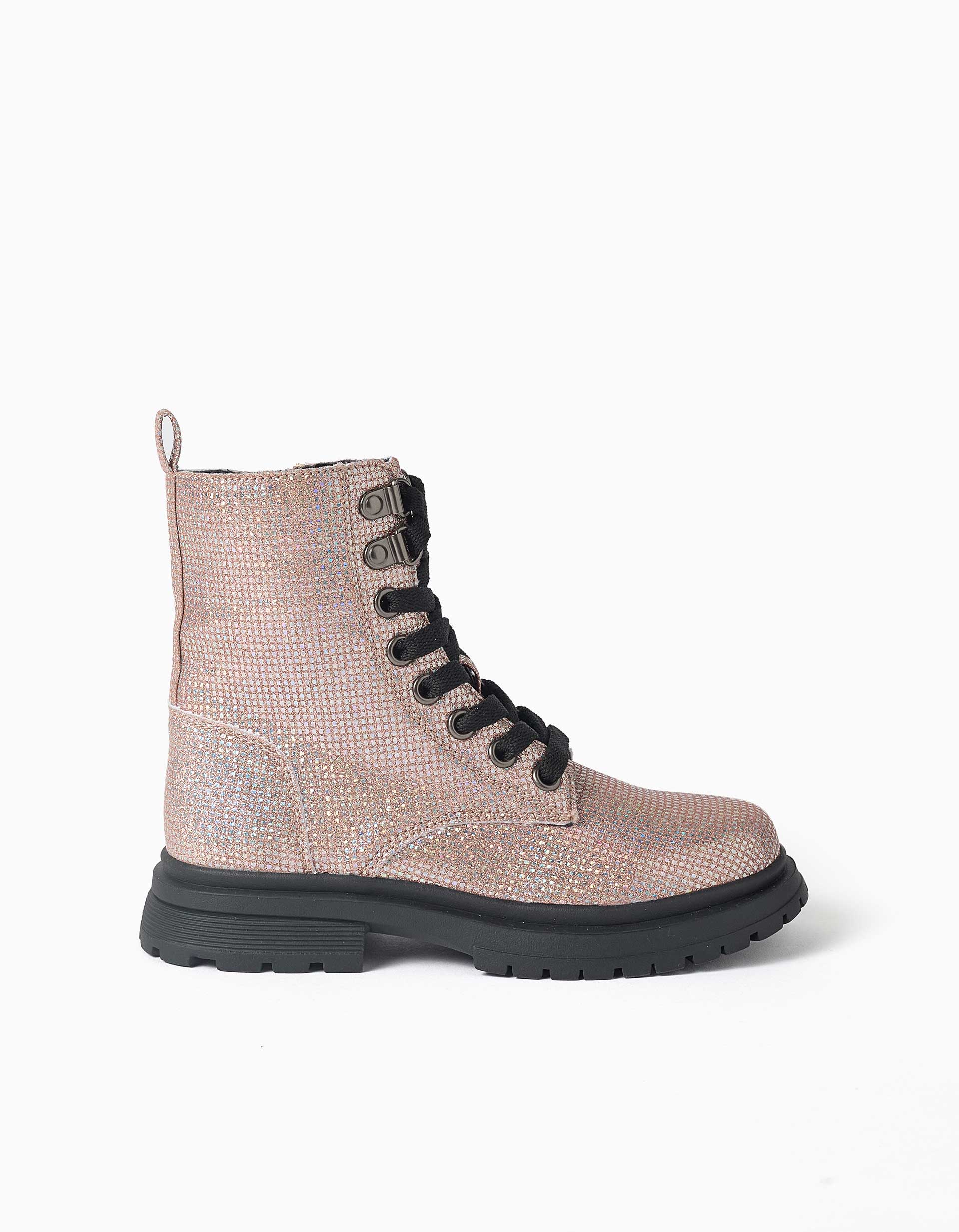 Botas altas efecto purpurina con cordones para niña, rosa