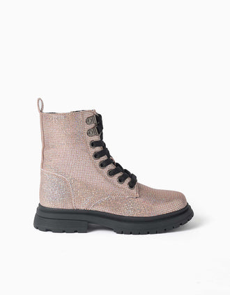Botas altas efecto purpurina con cordones para niña, rosa