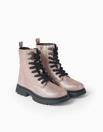 Botas altas efecto purpurina con cordones para niña, rosa