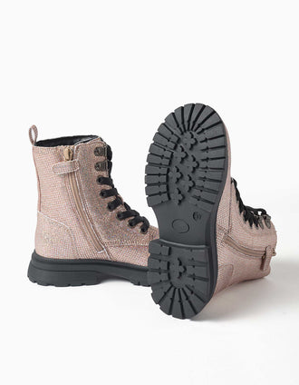 Botas altas efecto purpurina con cordones para niña, rosa