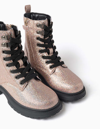Botas altas efecto purpurina con cordones para niña, rosa