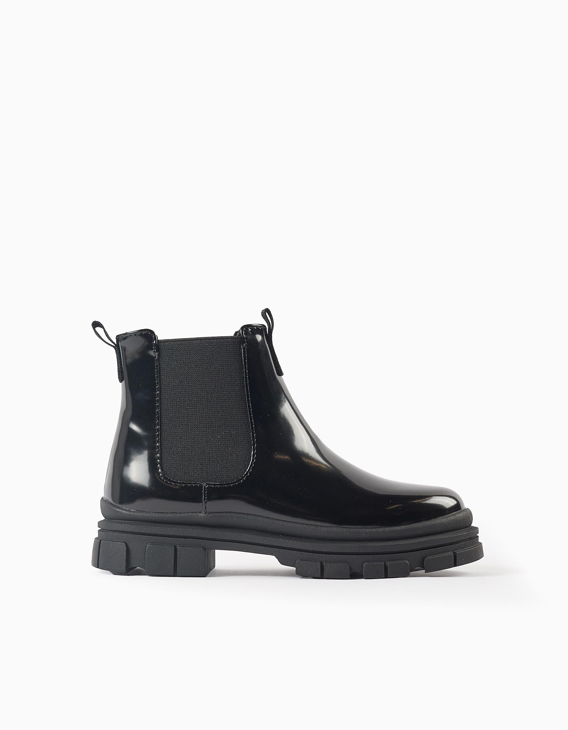 Patent Chelsea boots with non-slip sole for girls, black