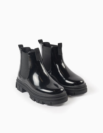 Patent Chelsea boots with non-slip sole for girls, black