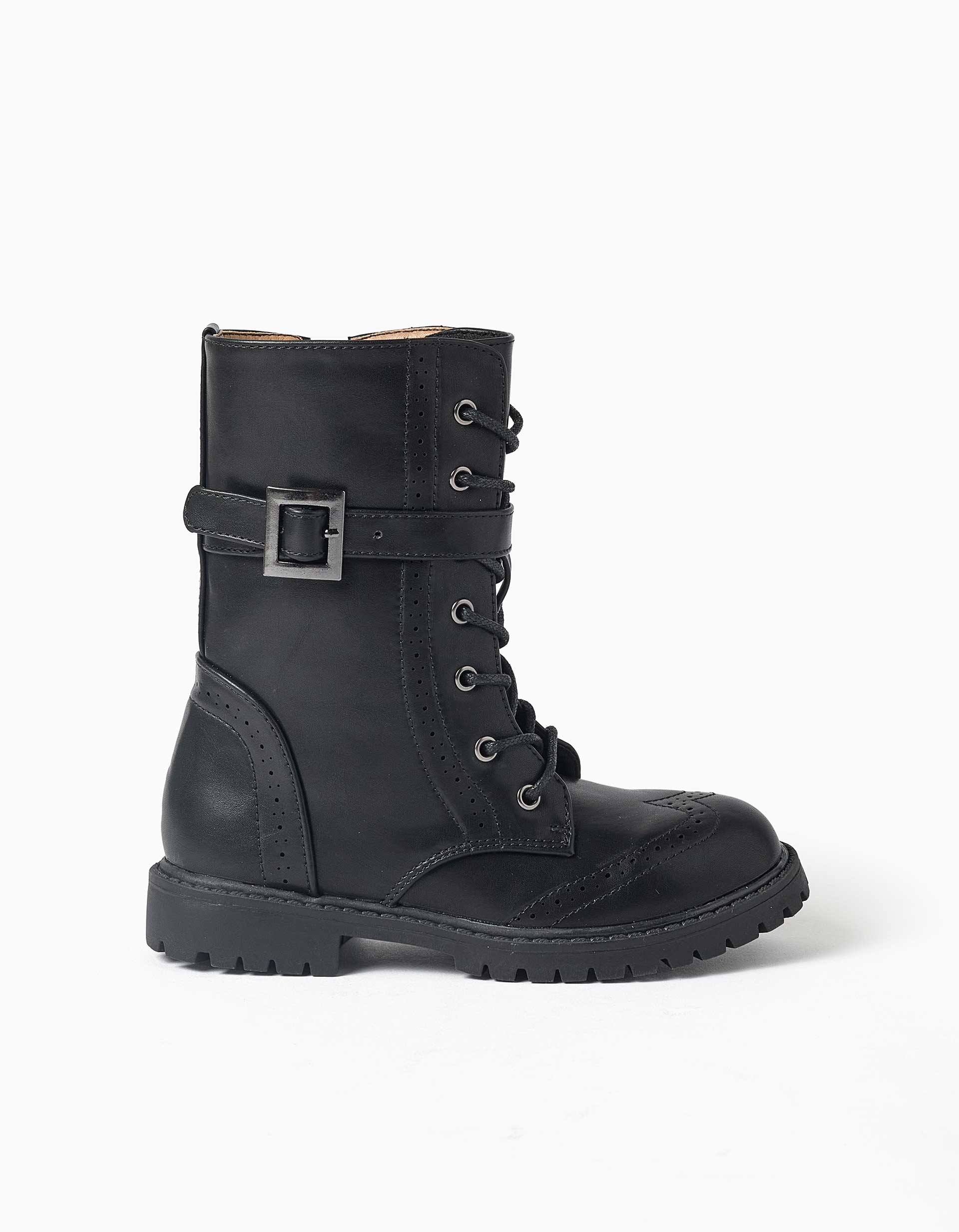 High-top biker boots with laces and soft lining for girls, black