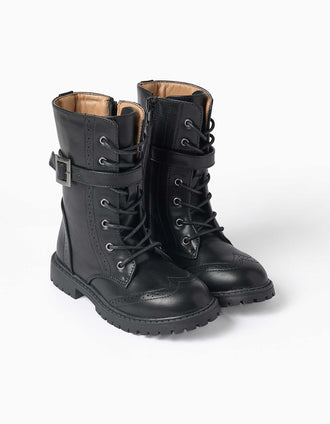 High-top biker boots with laces and soft lining for girls, black