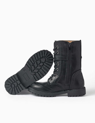 High-top biker boots with laces and soft lining for girls, black