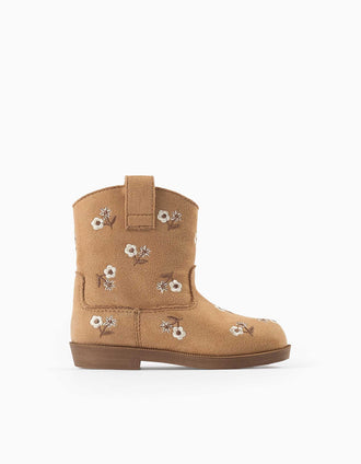 Botas de antelina con flores bordadas para bebé niña, camel