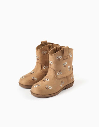 Botas de antelina con flores bordadas para bebé niña, camel