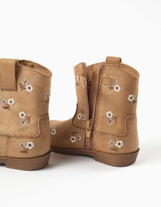 Botas de antelina con flores bordadas para bebé niña, camel