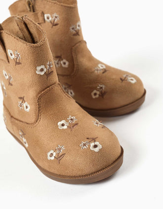 Botas de antelina con flores bordadas para bebé niña, camel