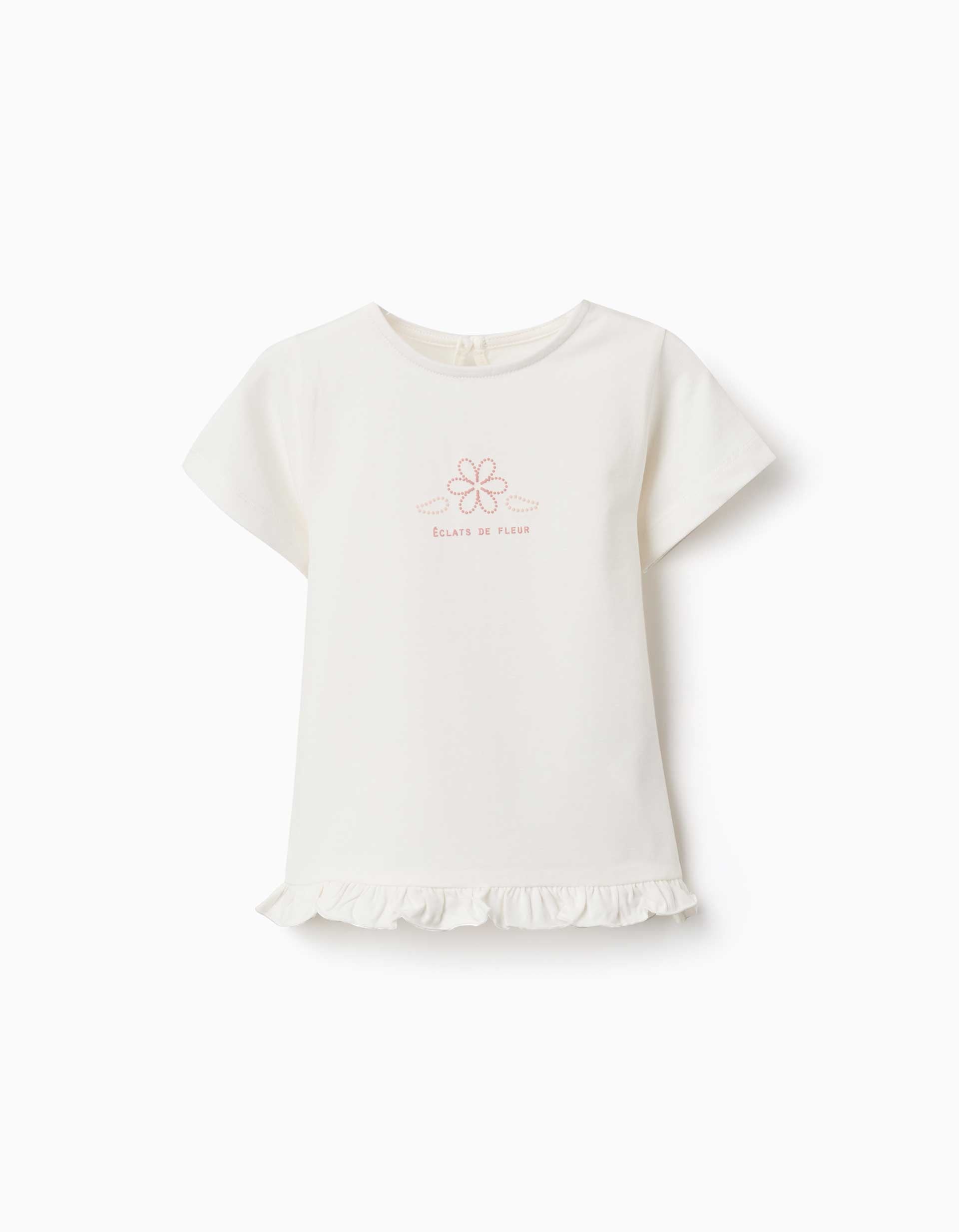 T-shirt en coton avec imprimé et volants pour bébé fille, blanc