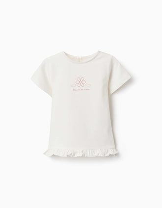 T-shirt en coton avec imprimé et volants pour bébé fille, blanc