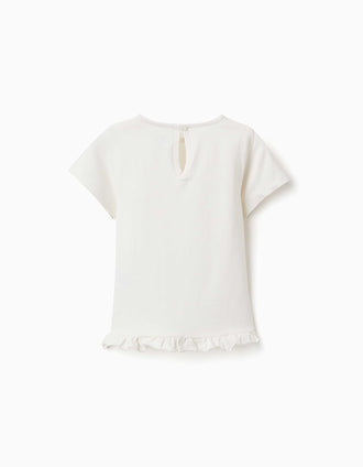 T-shirt en coton avec imprimé et volants pour bébé fille, blanc