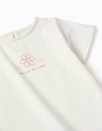 T-shirt en coton avec imprimé et volants pour bébé fille, blanc