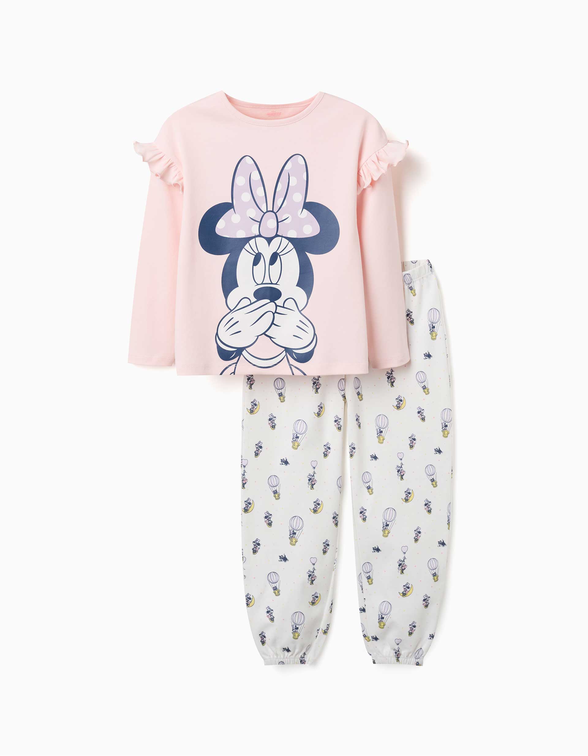 Pijama comprido de algodão com motivo Minnie para menina, branco/rosa