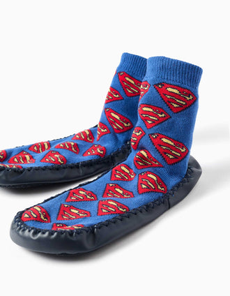 Chaussettes-chaussons antidérapantes Superman pour bébé et garçon, bleu