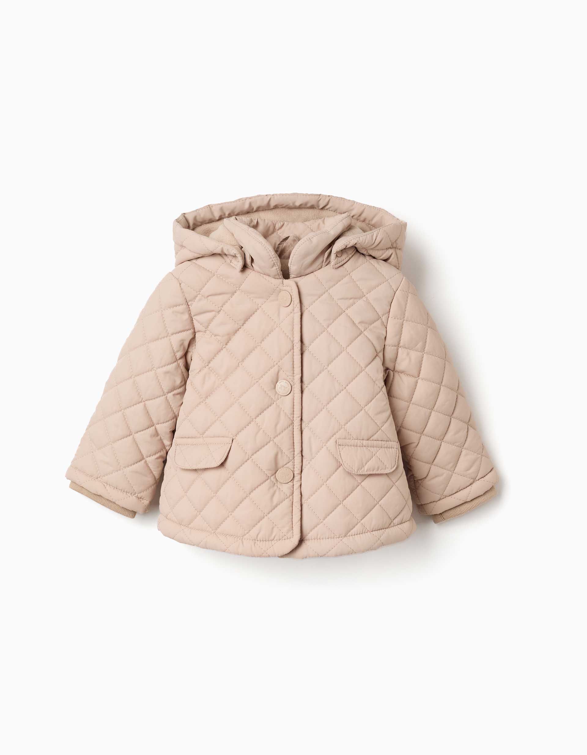 Hooded quilted jacket with polar fleece lining for newborns, beige
