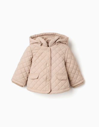 Hooded quilted jacket with polar fleece lining for newborns, beige