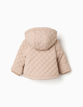 Hooded quilted jacket with polar fleece lining for newborns, beige