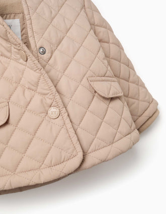 Hooded quilted jacket with polar fleece lining for newborns, beige