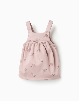 Twill pinafore dress with floral print for newborn girls, light pink