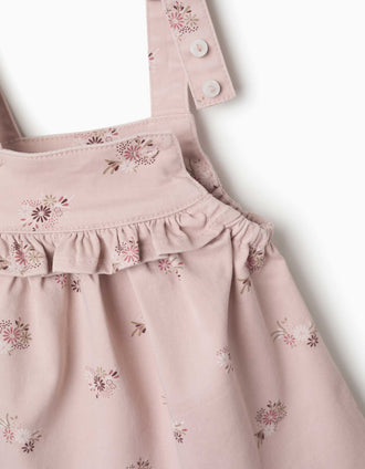 Twill pinafore dress with floral print for newborn girls, light pink